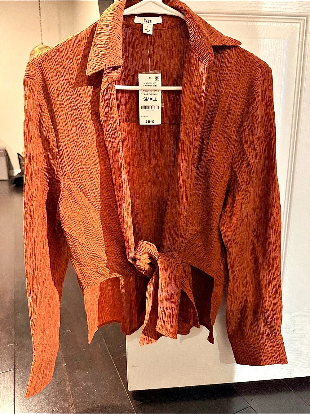 bar III Textured Tie Front Shirt burnt Orange brown Size Small